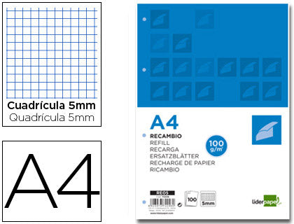 RECAMBIO LIDERPAPEL A4 100 HOJAS CUADROS AS 100 G/M2 CUADRO 5 MM 4 TALA